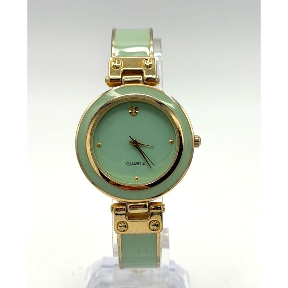 Womens Mint Green Enamel Gold Tone Bracelet Watch Rhinestone Accent Working